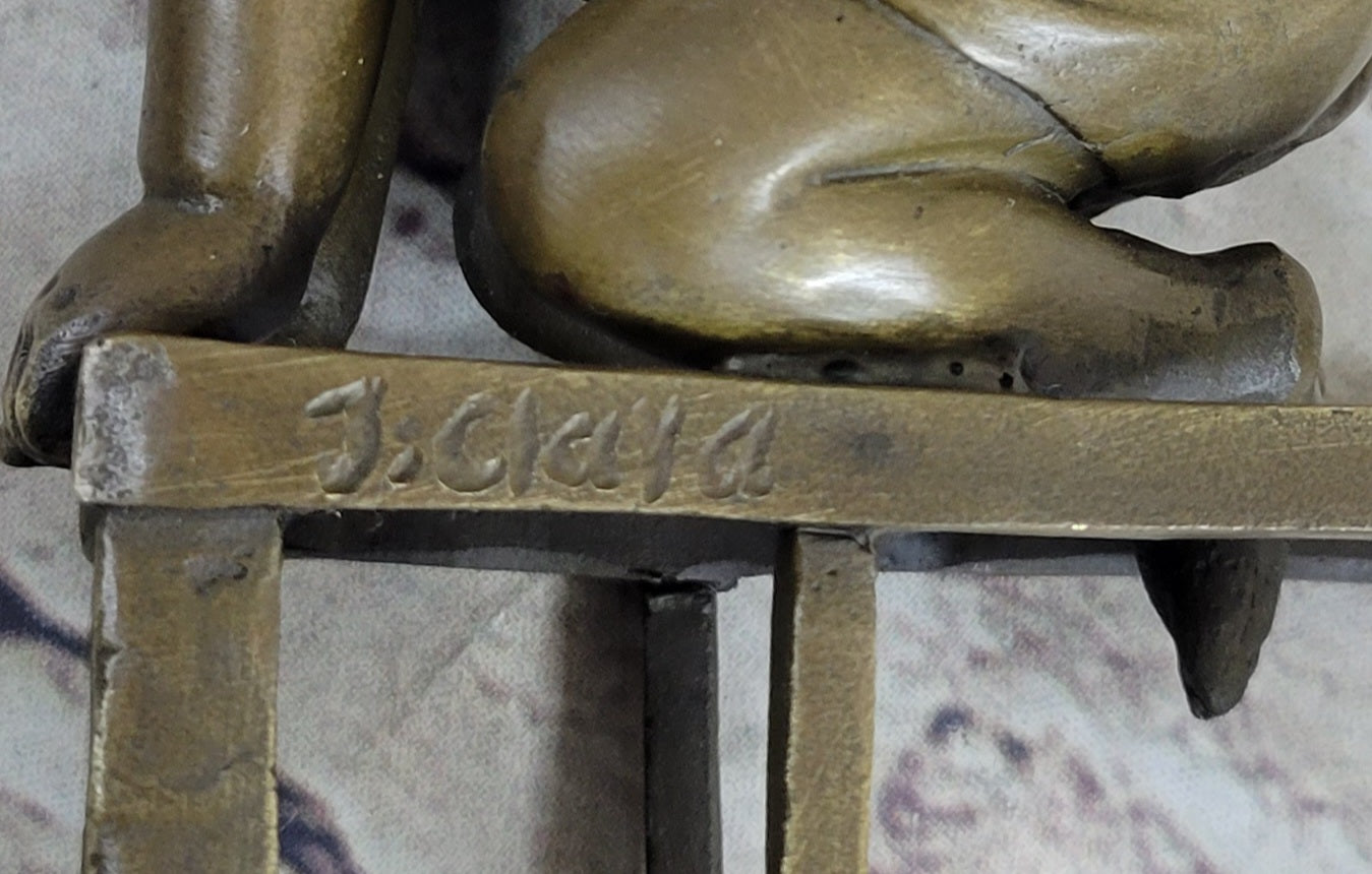 Baby Toddler Child Playing on Stool Bronze Metal Sculpture