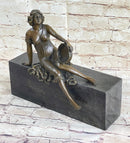 Semi Nude Young Reclining Woman w/ Tambourine - Bronze Sculpture Statue on Marble Base