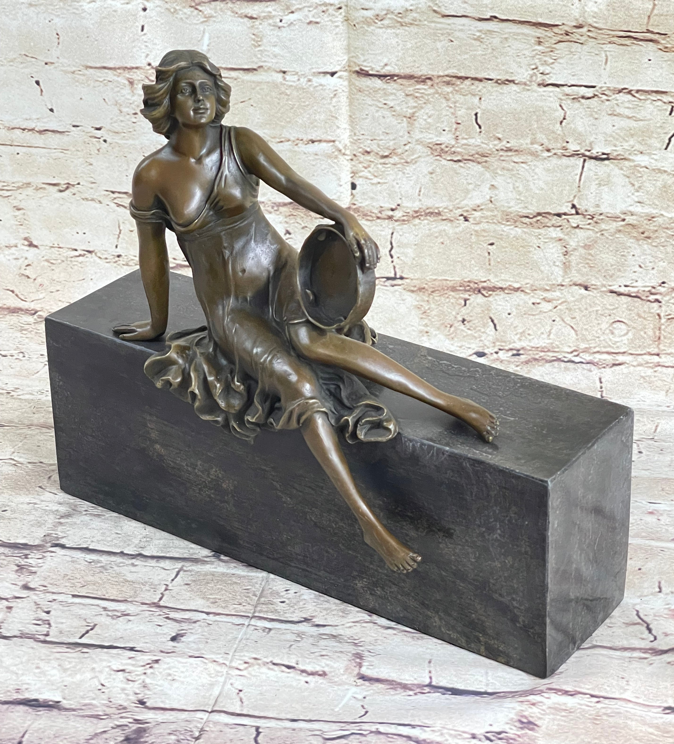 Semi Nude Young Reclining Woman w/ Tambourine - Bronze Sculpture Statue on Marble Base