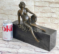 Semi Nude Young Reclining Woman w/ Tambourine - Bronze Sculpture Statue on Marble Base