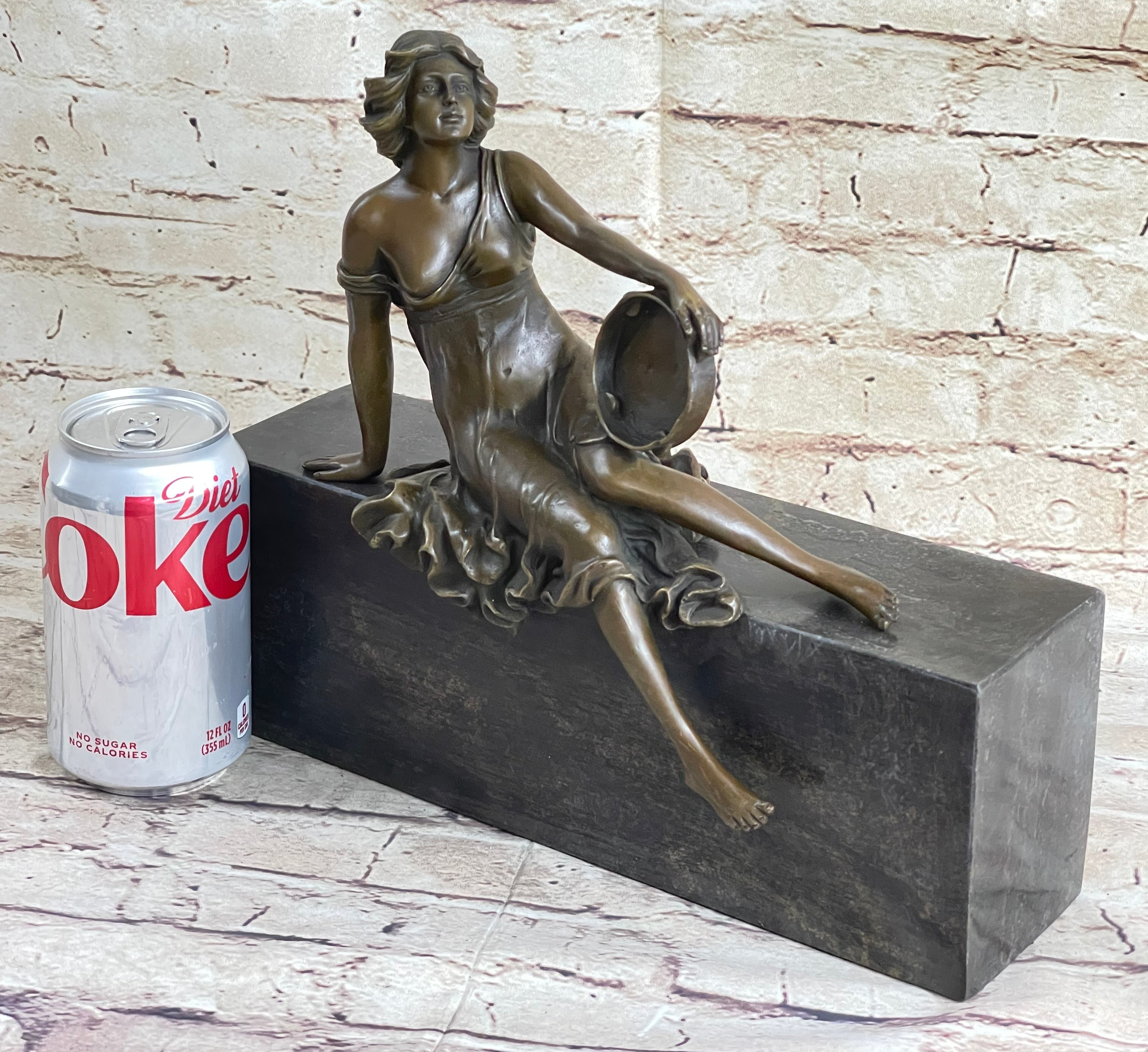 Semi Nude Young Reclining Woman w/ Tambourine - Bronze Sculpture Statue on Marble Base