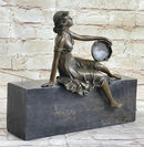 Semi Nude Young Reclining Woman w/ Tambourine - Bronze Sculpture Statue on Marble Base