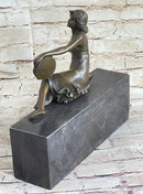 Semi Nude Young Reclining Woman w/ Tambourine - Bronze Sculpture Statue on Marble Base