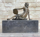Semi Nude Young Reclining Woman w/ Tambourine - Bronze Sculpture Statue on Marble Base
