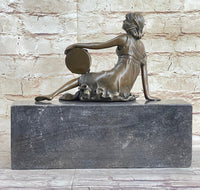 Semi Nude Young Reclining Woman w/ Tambourine - Bronze Sculpture Statue on Marble Base