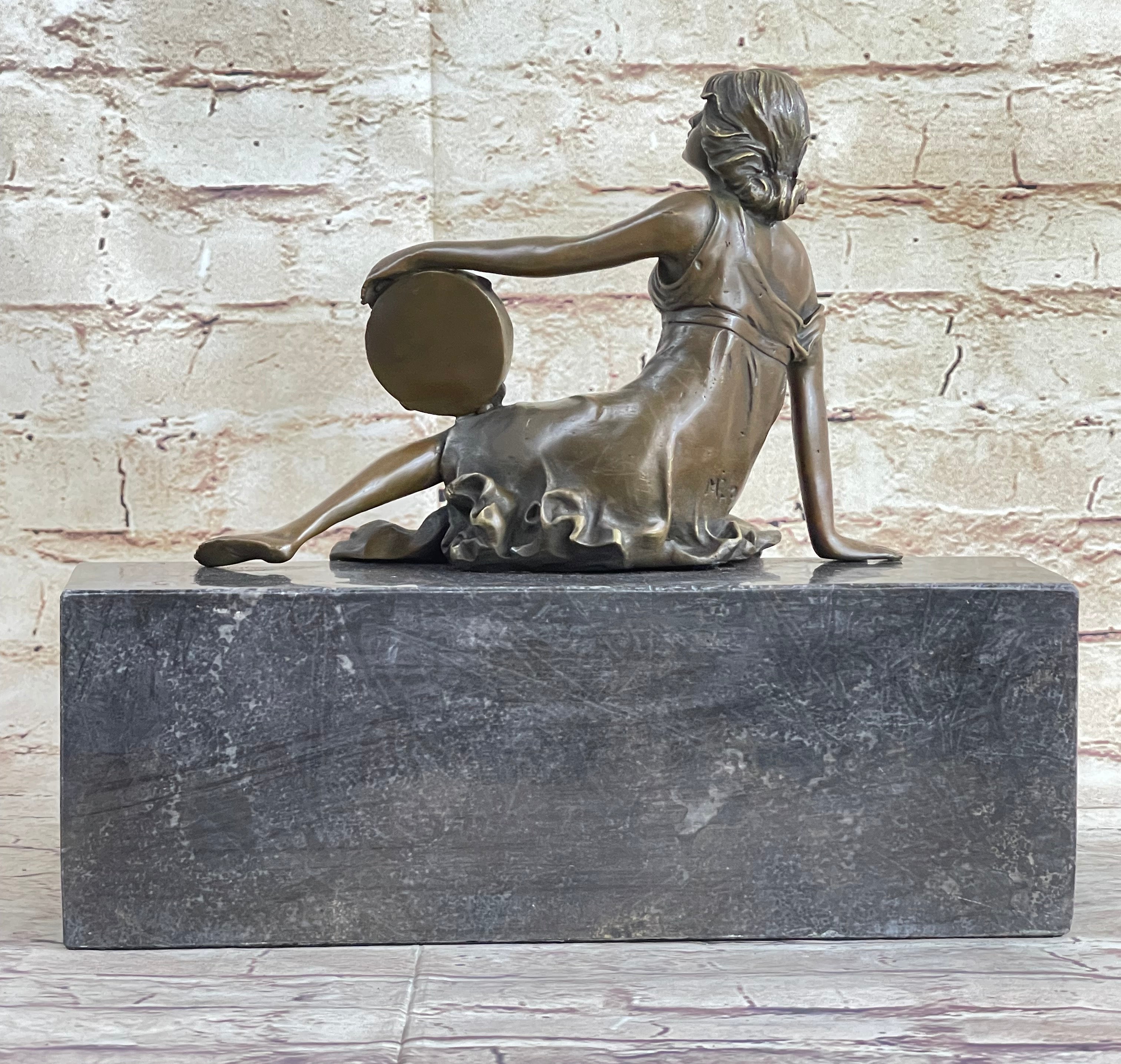 Semi Nude Young Reclining Woman w/ Tambourine - Bronze Sculpture Statue on Marble Base
