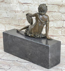 Semi Nude Young Reclining Woman w/ Tambourine - Bronze Sculpture Statue on Marble Base