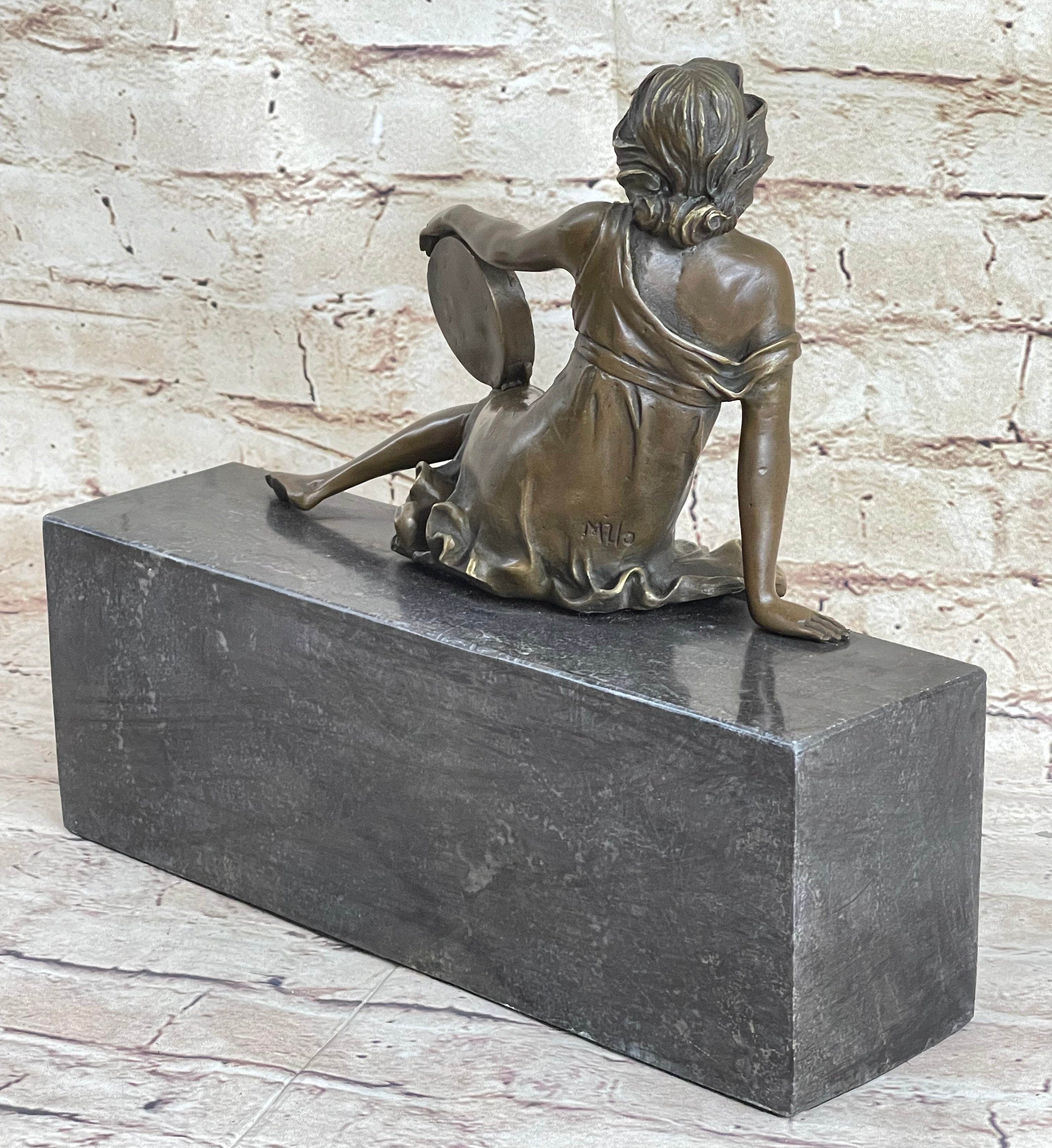 Semi Nude Young Reclining Woman w/ Tambourine - Bronze Sculpture Statue on Marble Base