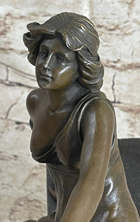 Semi Nude Young Reclining Woman w/ Tambourine - Bronze Sculpture Statue on Marble Base
