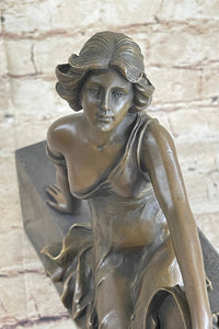 Semi Nude Young Reclining Woman w/ Tambourine - Bronze Sculpture Statue on Marble Base