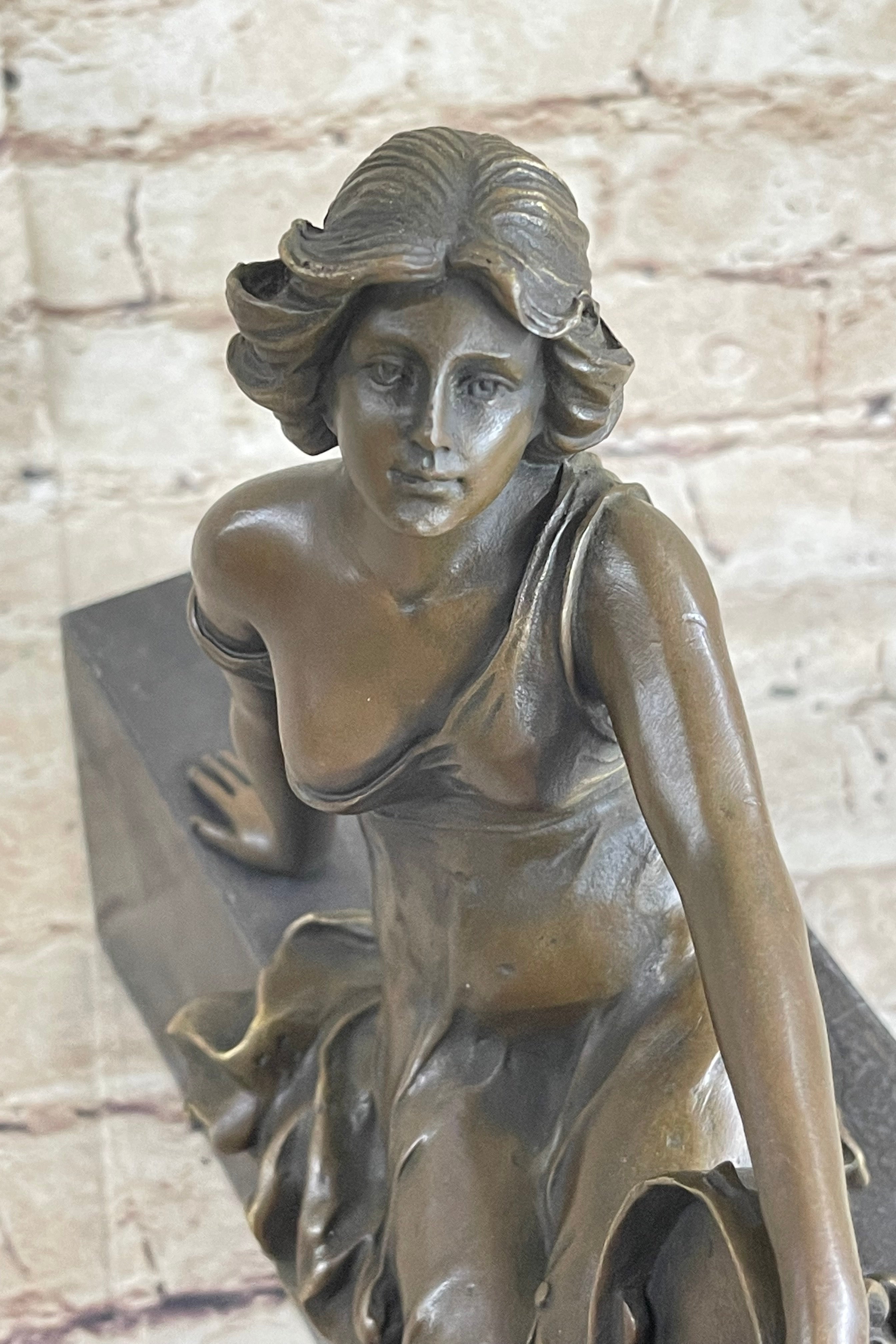 Semi Nude Young Reclining Woman w/ Tambourine - Bronze Sculpture Statue on Marble Base