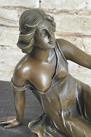Semi Nude Young Reclining Woman w/ Tambourine - Bronze Sculpture Statue on Marble Base
