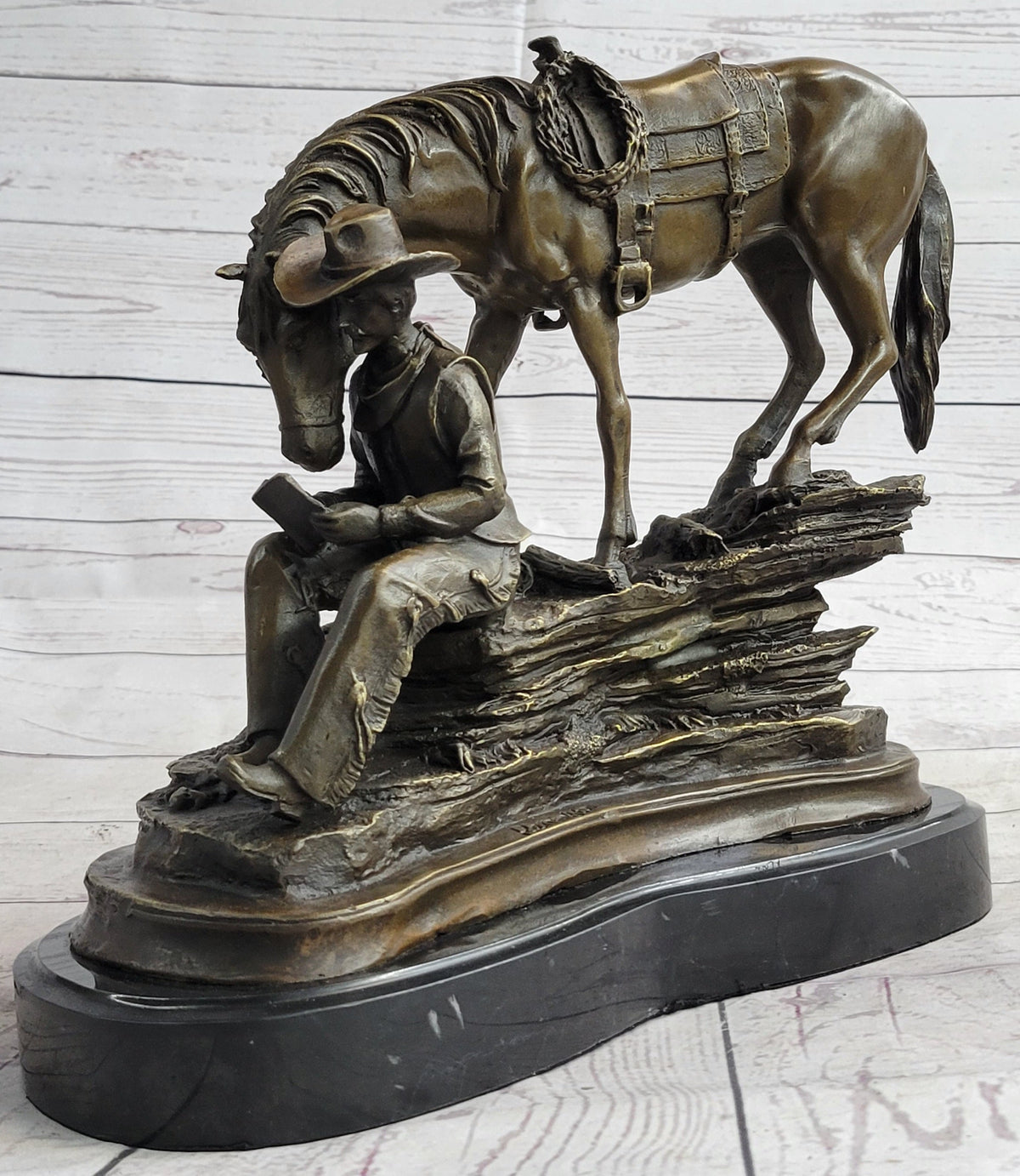 Cowboy Reading Book with Horse Bronze Sculpture 11" x 13"