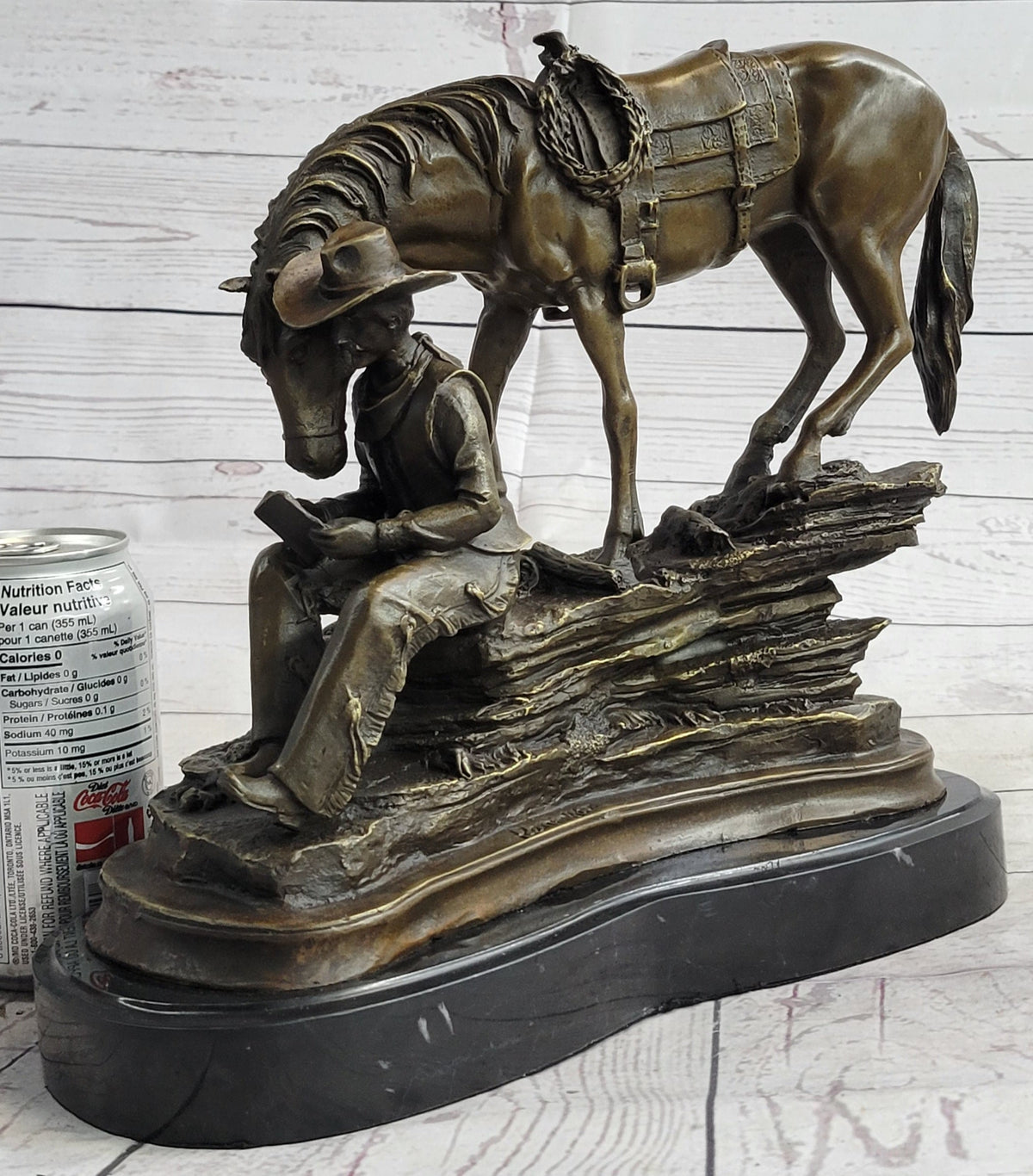 Cowboy Reading Book with Horse Bronze Sculpture 11" x 13"