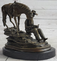 Cowboy Reading Book with Horse Bronze Sculpture 11" x 13"