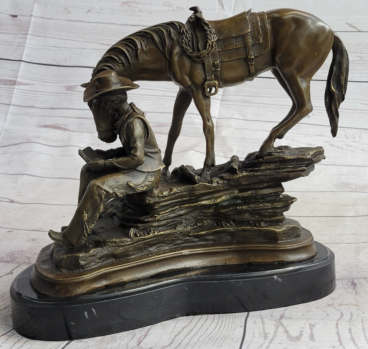 Cowboy Reading Book with Horse Bronze Sculpture 11" x 13"