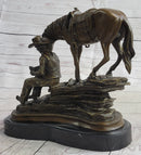 Cowboy Reading Book with Horse Bronze Sculpture 11" x 13"