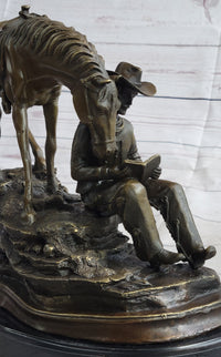 Cowboy Reading Book with Horse Bronze Sculpture 11" x 13"