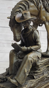 Cowboy Reading Book with Horse Bronze Sculpture 11" x 13"