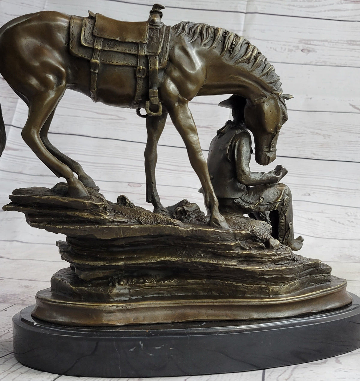 Cowboy Reading Book with Horse Bronze Sculpture 11" x 13"