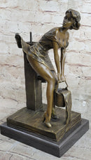 Playful Sexy Bronze Sculpture of a Girl Fetching Water Exposing Her Butt