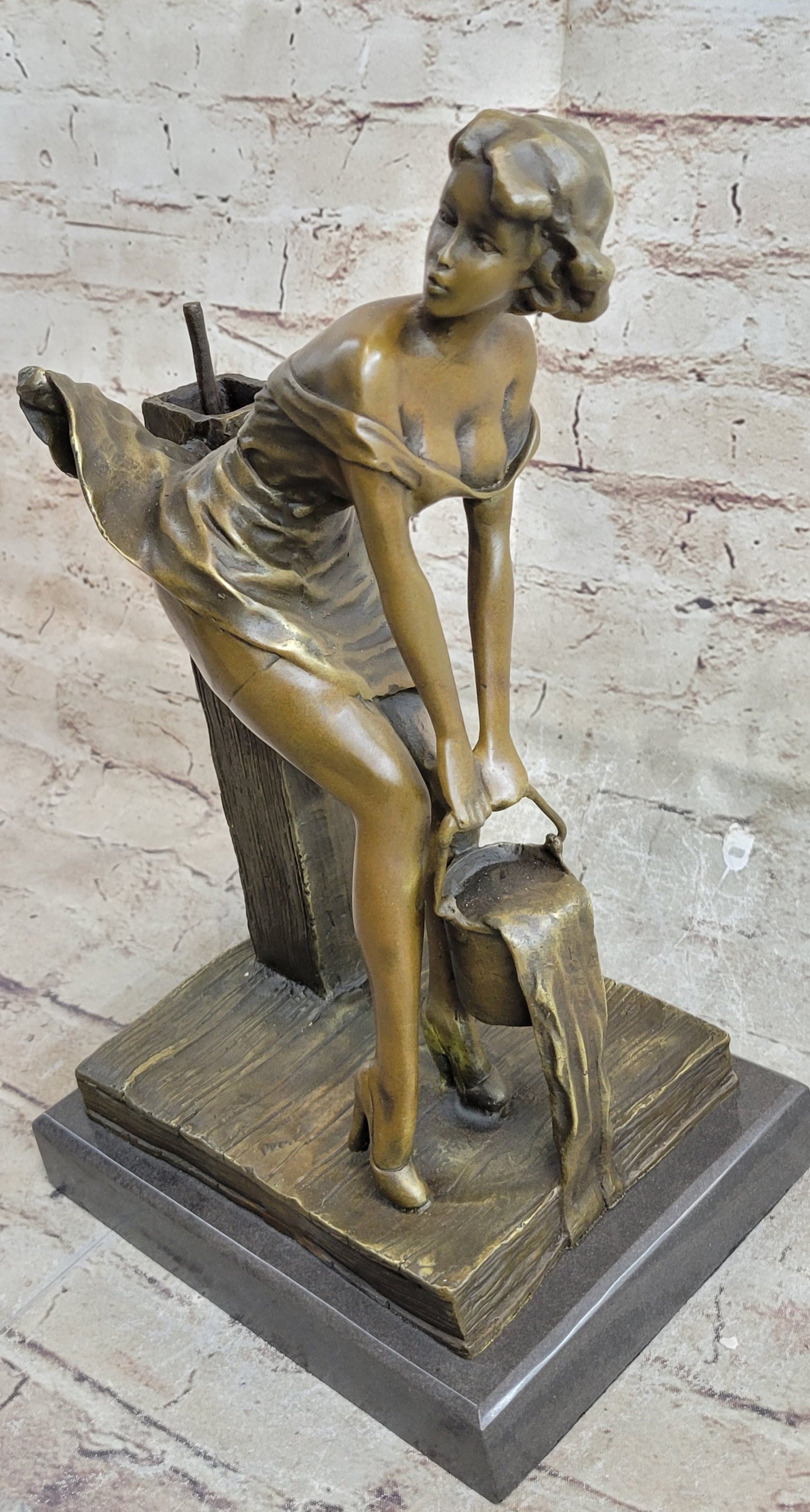 Playful Sexy Bronze Sculpture of a Girl Fetching Water Exposing Her Butt