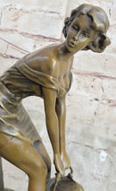 Playful Sexy Bronze Sculpture of a Girl Fetching Water Exposing Her Butt