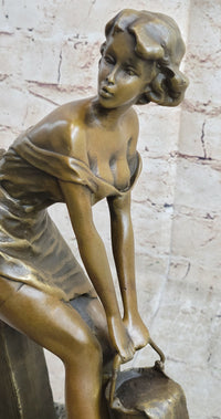 Playful Sexy Bronze Sculpture of a Girl Fetching Water Exposing Her Butt