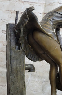 Playful Sexy Bronze Sculpture of a Girl Fetching Water Exposing Her Butt