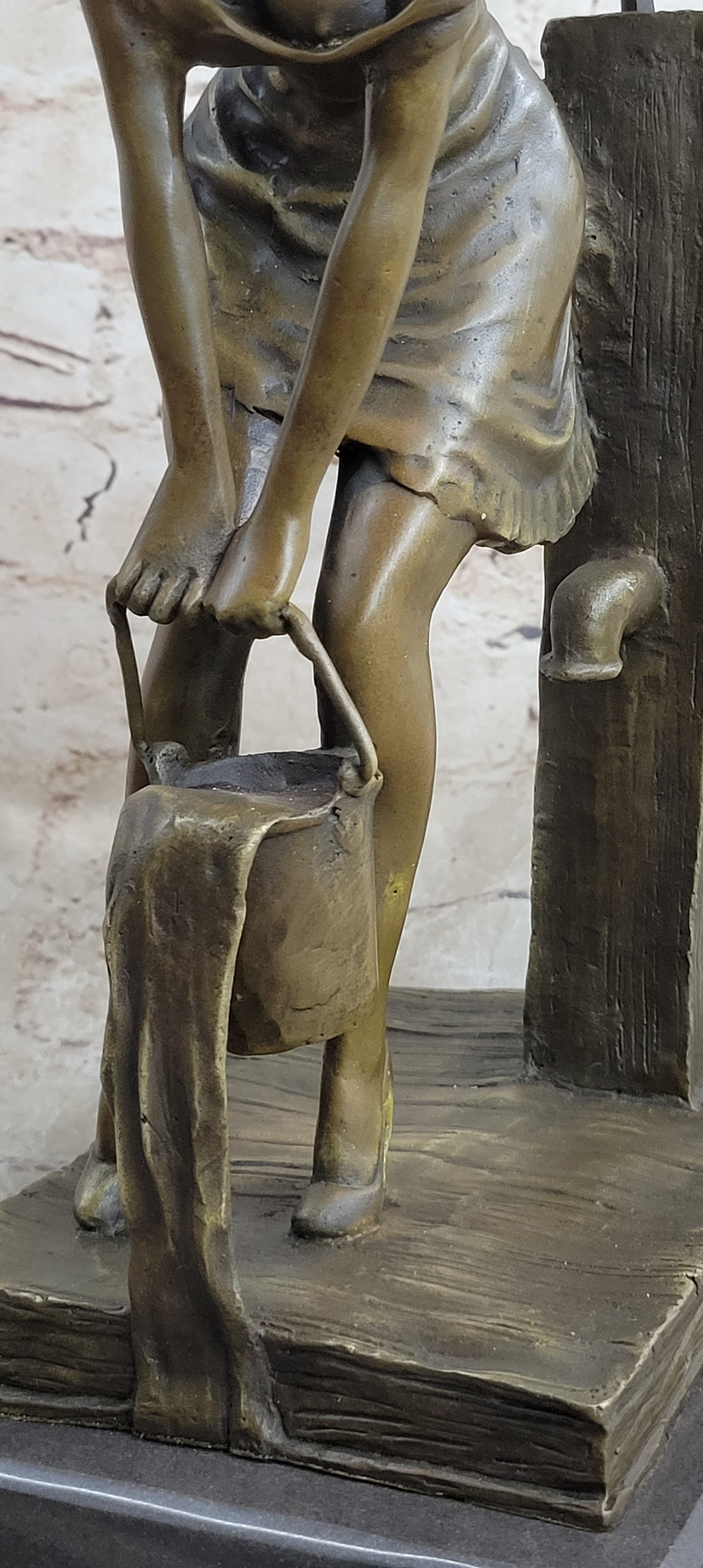 Playful Sexy Bronze Sculpture of a Girl Fetching Water Exposing Her Butt