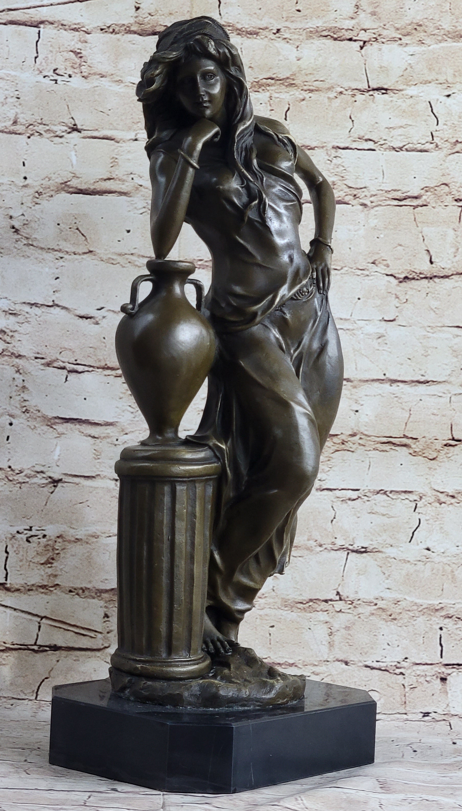 Signed Beautiful Maiden Ponders Leaning Against Vase Bronze
