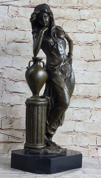 Signed Beautiful Maiden Ponders Leaning Against Vase Bronze