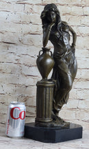 Signed Beautiful Maiden Ponders Leaning Against Vase Bronze