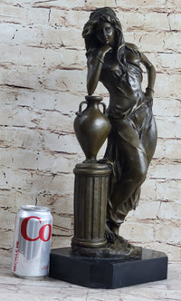 Signed Beautiful Maiden Ponders Leaning Against Vase Bronze