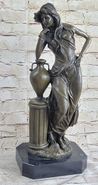 Signed Beautiful Maiden Ponders Leaning Against Vase Bronze
