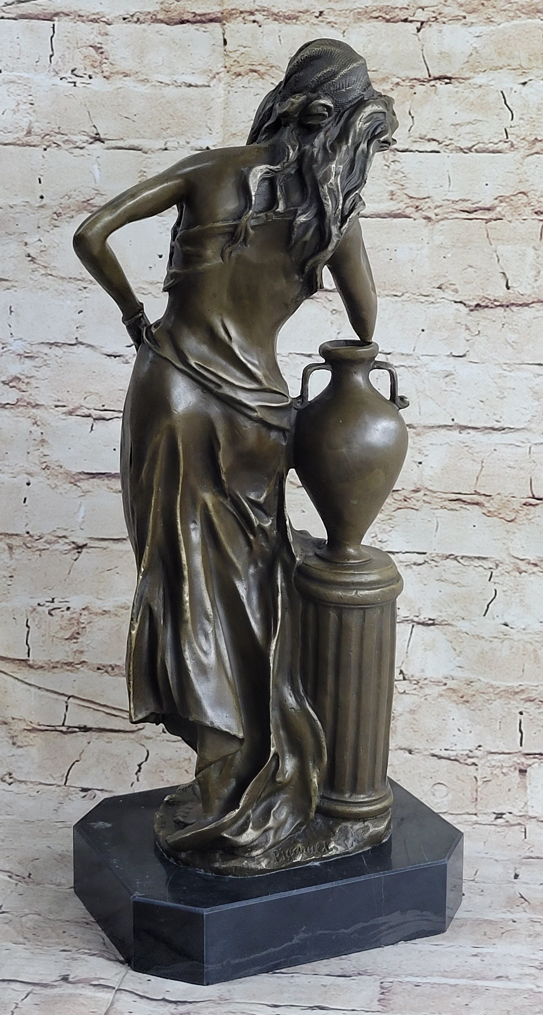 Signed Beautiful Maiden Ponders Leaning Against Vase Bronze