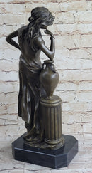 Signed Beautiful Maiden Ponders Leaning Against Vase Bronze