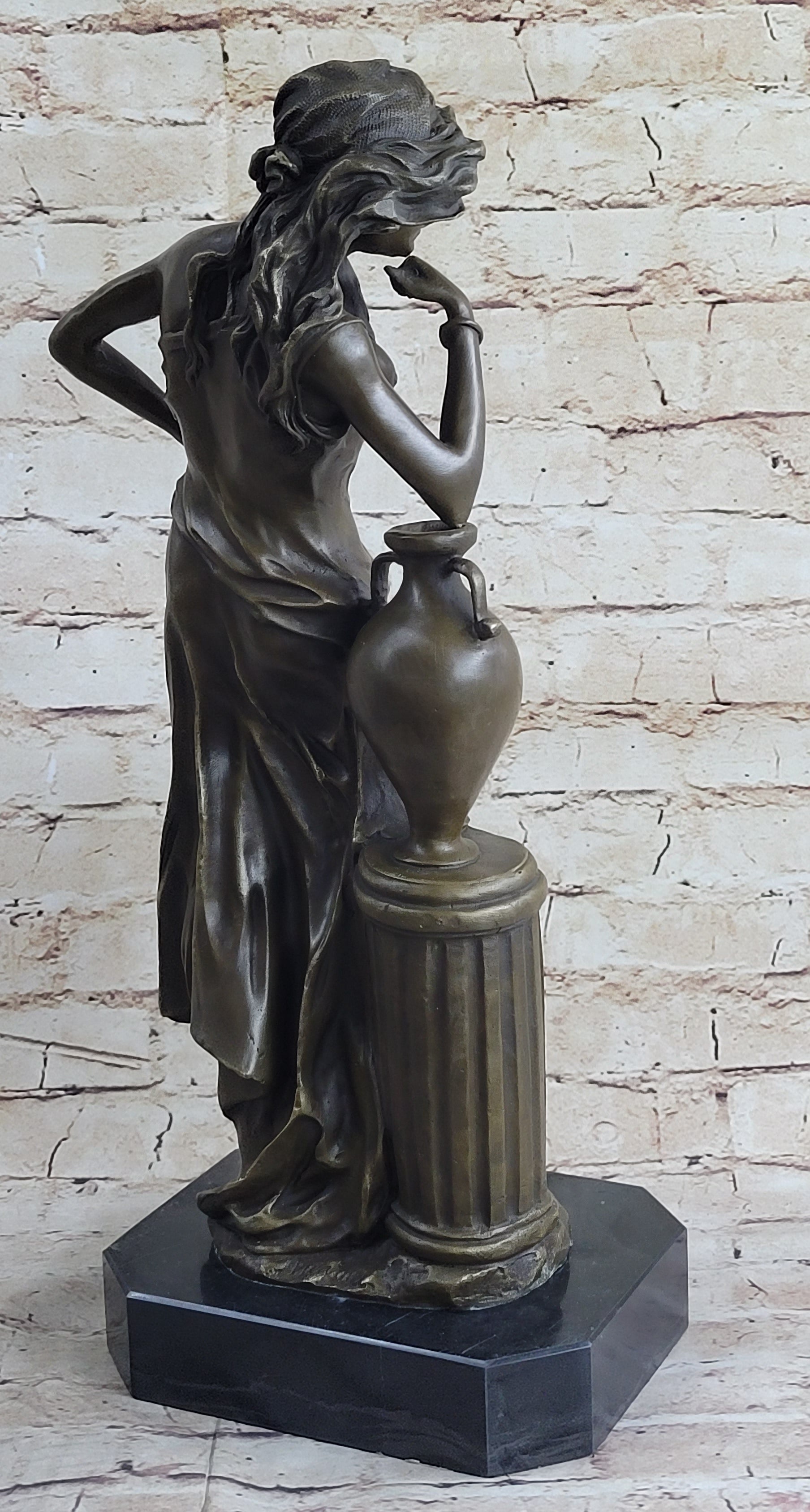 Signed Beautiful Maiden Ponders Leaning Against Vase Bronze