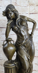 Signed Beautiful Maiden Ponders Leaning Against Vase Bronze