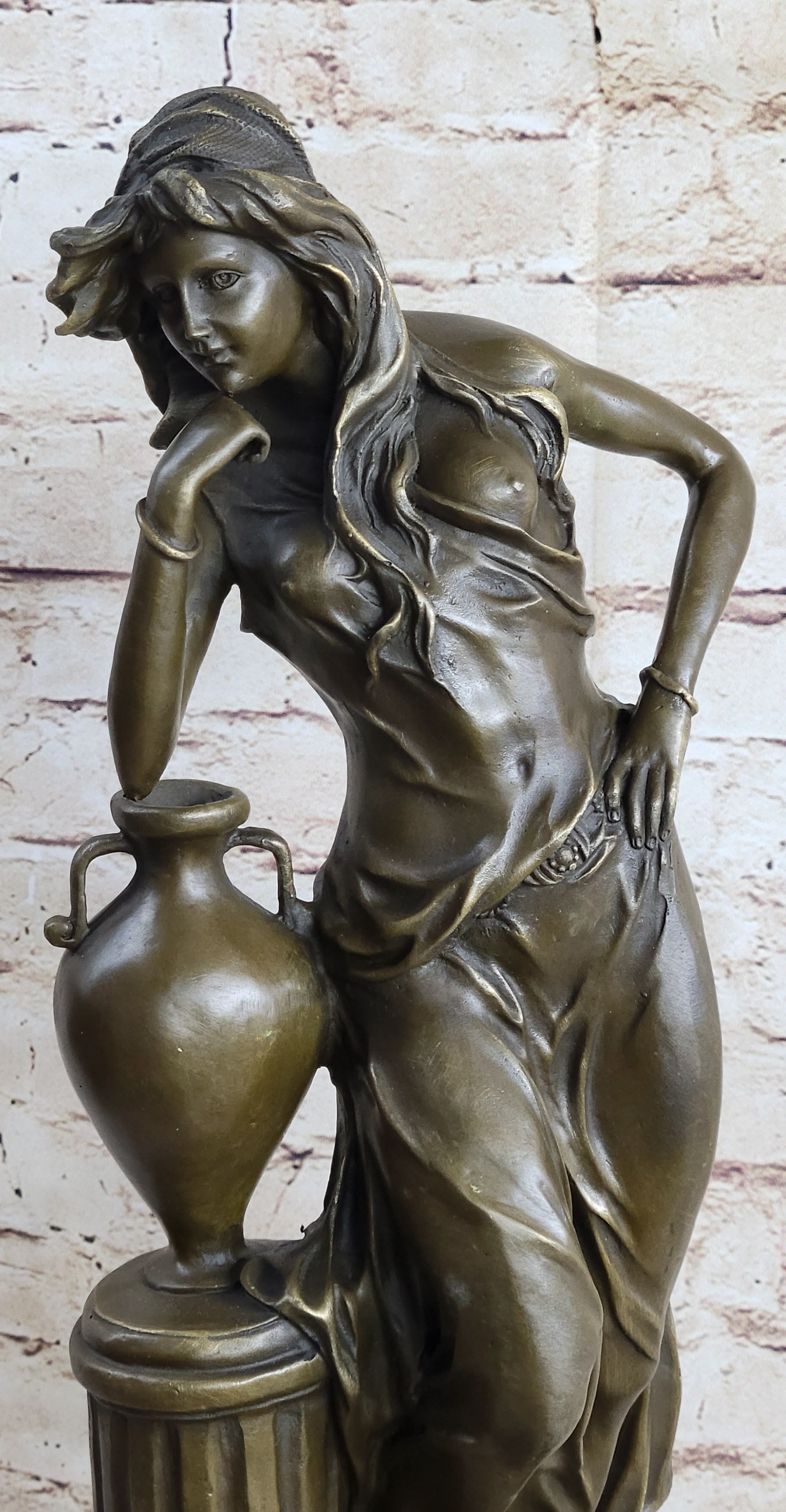 Signed Beautiful Maiden Ponders Leaning Against Vase Bronze