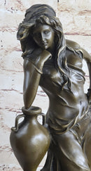 Signed Beautiful Maiden Ponders Leaning Against Vase Bronze