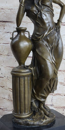 Signed Beautiful Maiden Ponders Leaning Against Vase Bronze