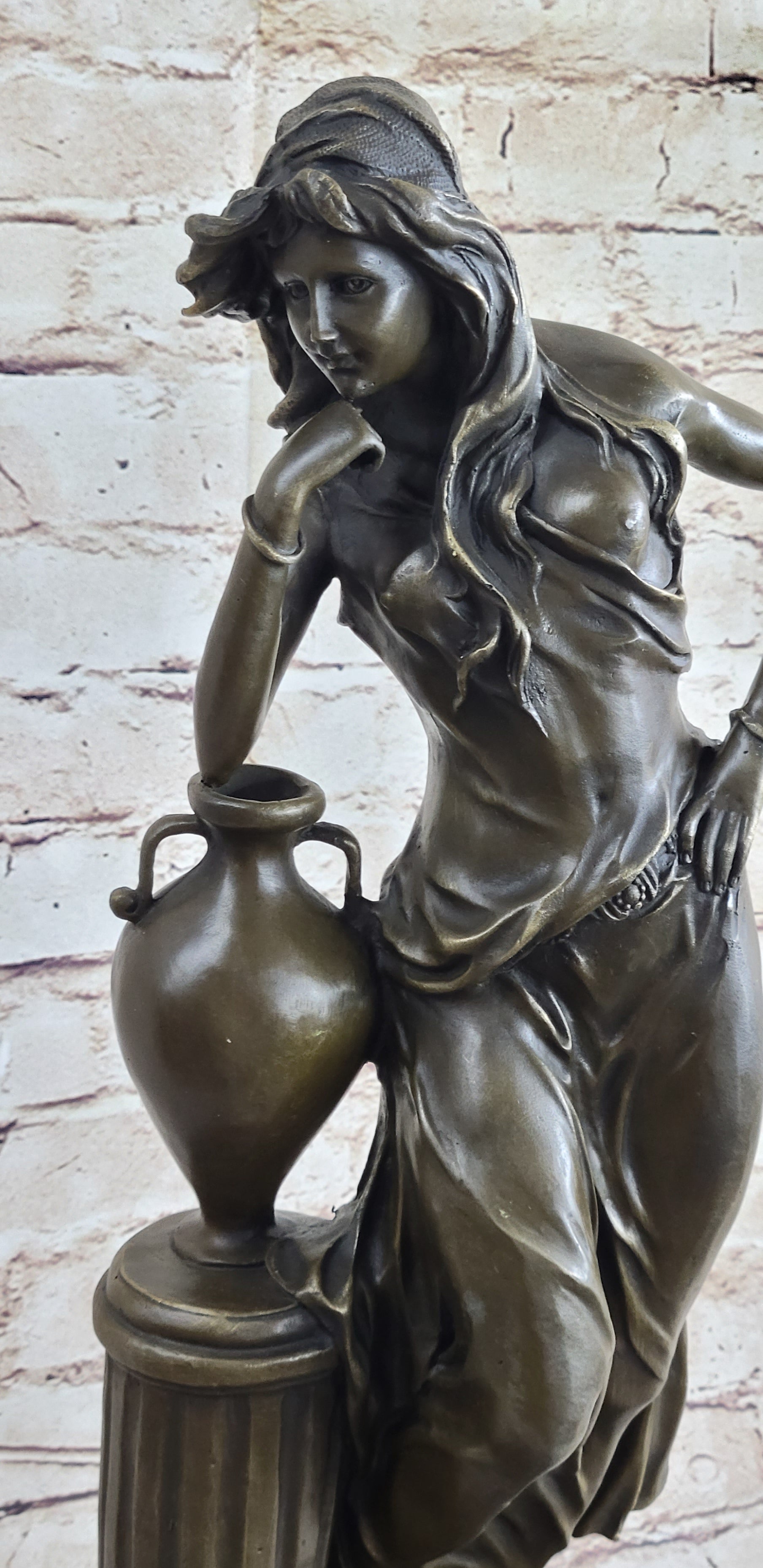 Signed Beautiful Maiden Ponders Leaning Against Vase Bronze