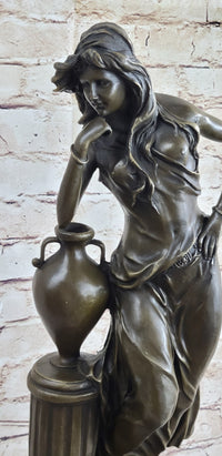 Signed Beautiful Maiden Ponders Leaning Against Vase Bronze