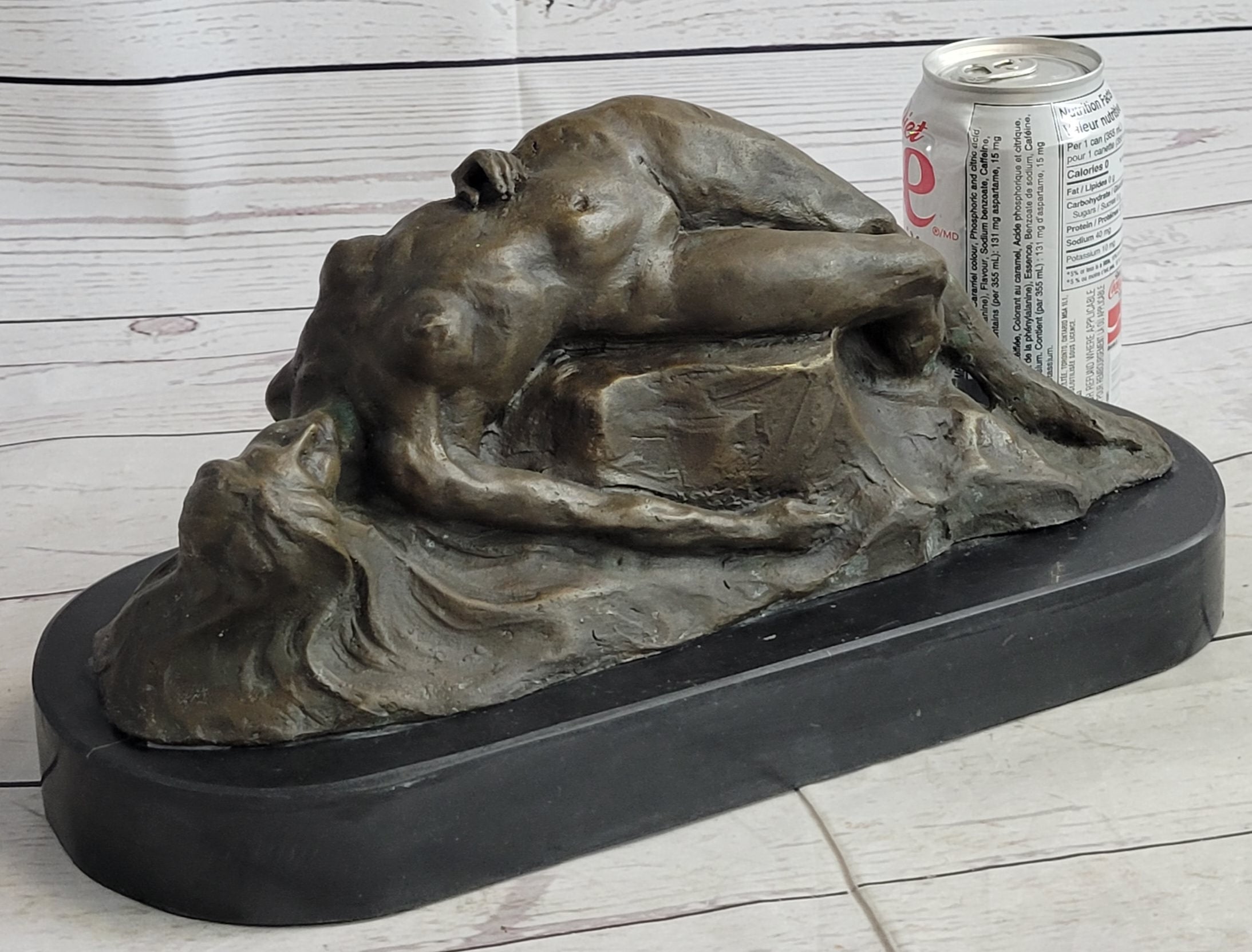 Signed Abstract Nude Female on Rock Bronze Sculpture Marble Base