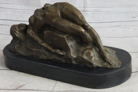 Signed Abstract Nude Female on Rock Bronze Sculpture Marble Base
