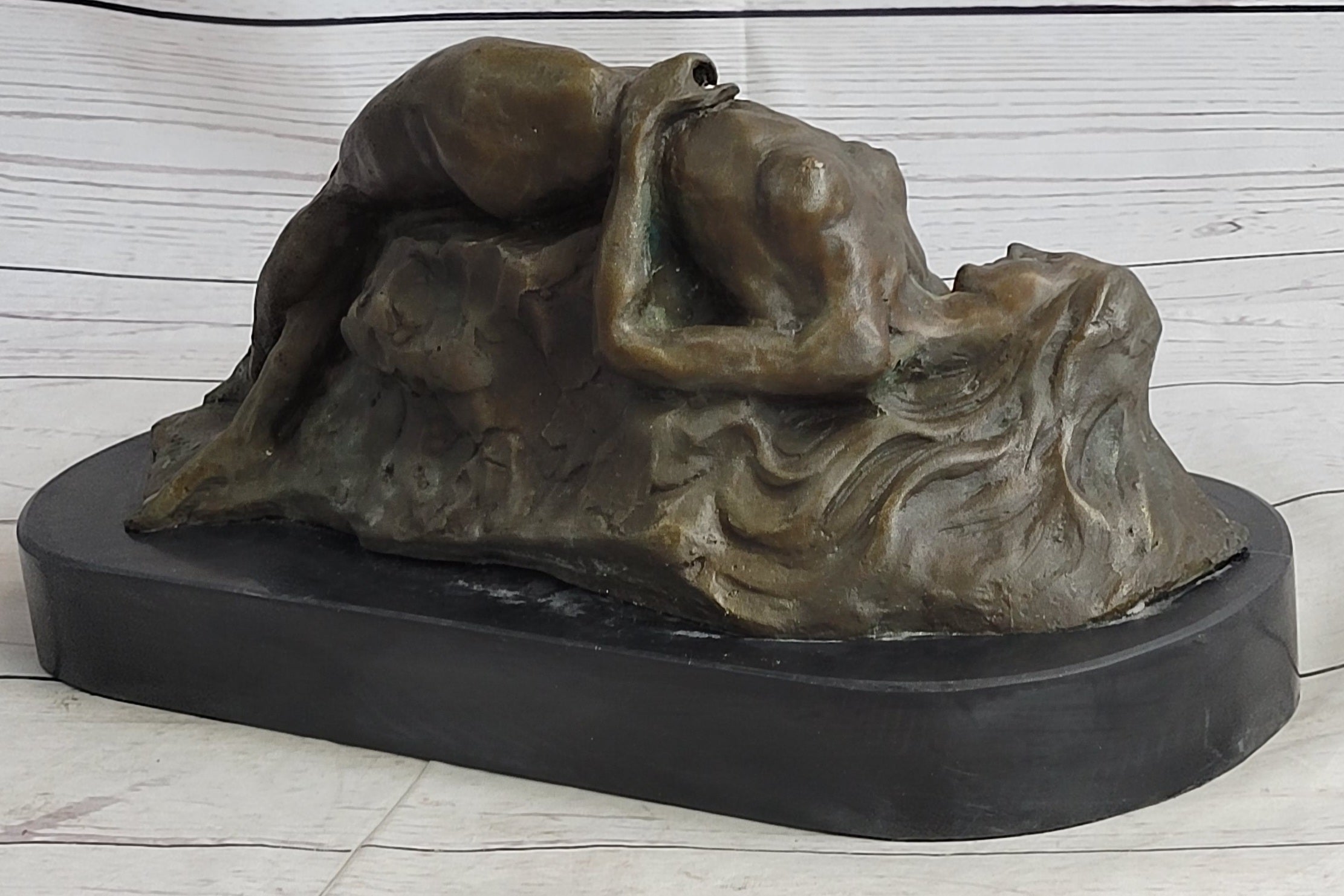 Signed Abstract Nude Female on Rock Bronze Sculpture Marble Base