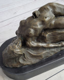 Signed Abstract Nude Female on Rock Bronze Sculpture Marble Base