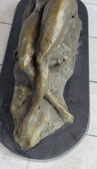 Signed Abstract Nude Female on Rock Bronze Sculpture Marble Base
