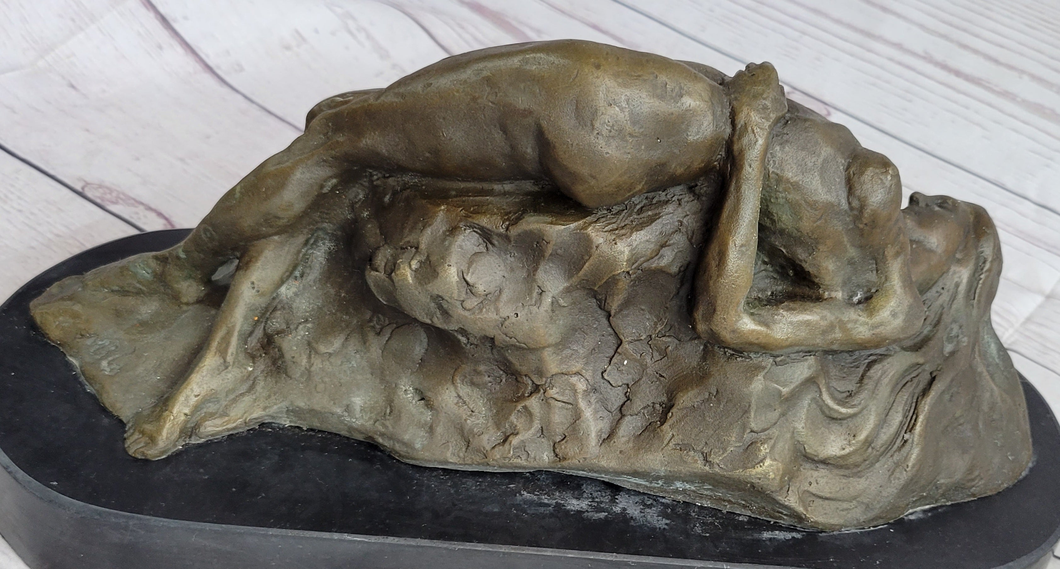 Signed Abstract Nude Female on Rock Bronze Sculpture Marble Base